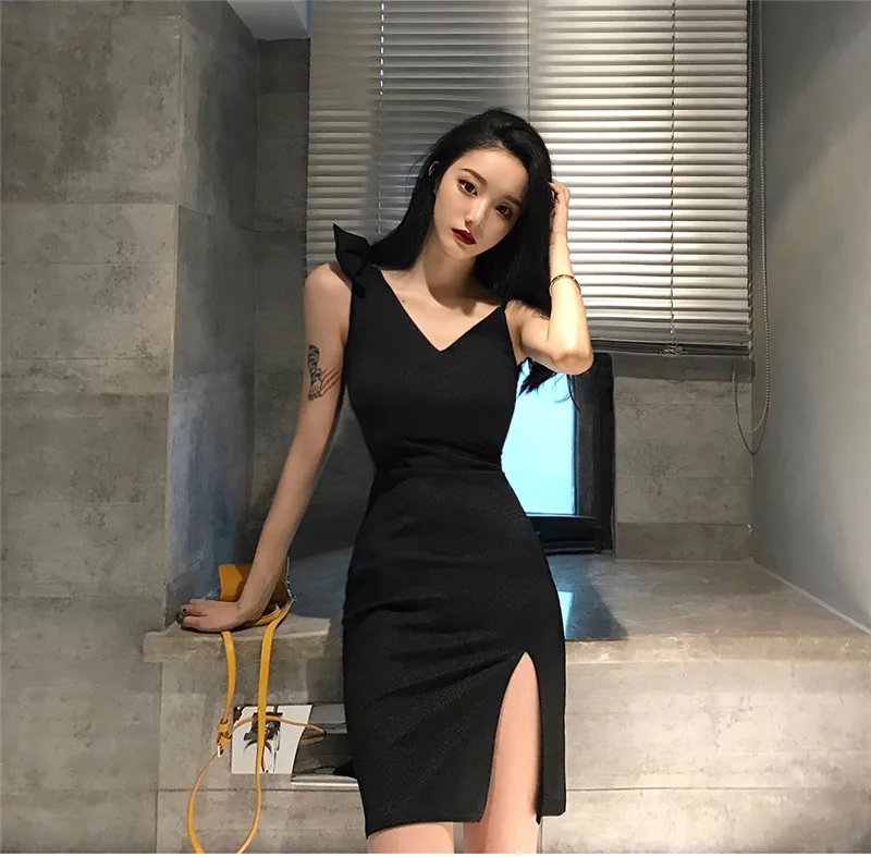 

Real shot women's party dress 2019 new summer sweet shoulder bow slim black dress