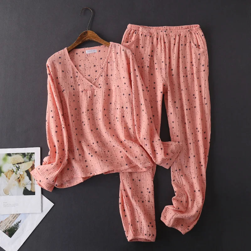 

Women's Cotton Water-washed Texture Crepe Gauze Long-sleeved Trousers Pajamas V-Neck Pyjamas Women Geometric Sleepwear Pijamas