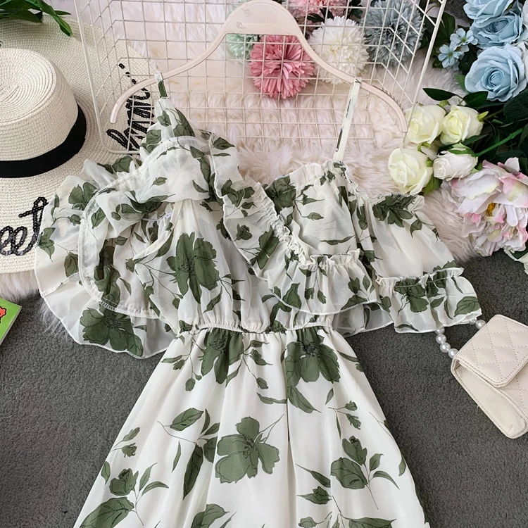 Ailegogo New Women Holiday Beach Chiffon Long Dress Spaghetti Ruffles Female Floral Print Midi Dresses Ladies Backless Vestidos | Женская