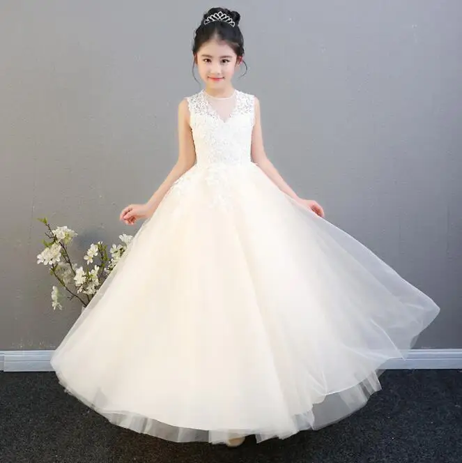Elegant Champagne Tulle Flower Girl Dress For Weddings Lace Party Pageant Princess Gown Long Style Kids First Communion Dresses | Детская