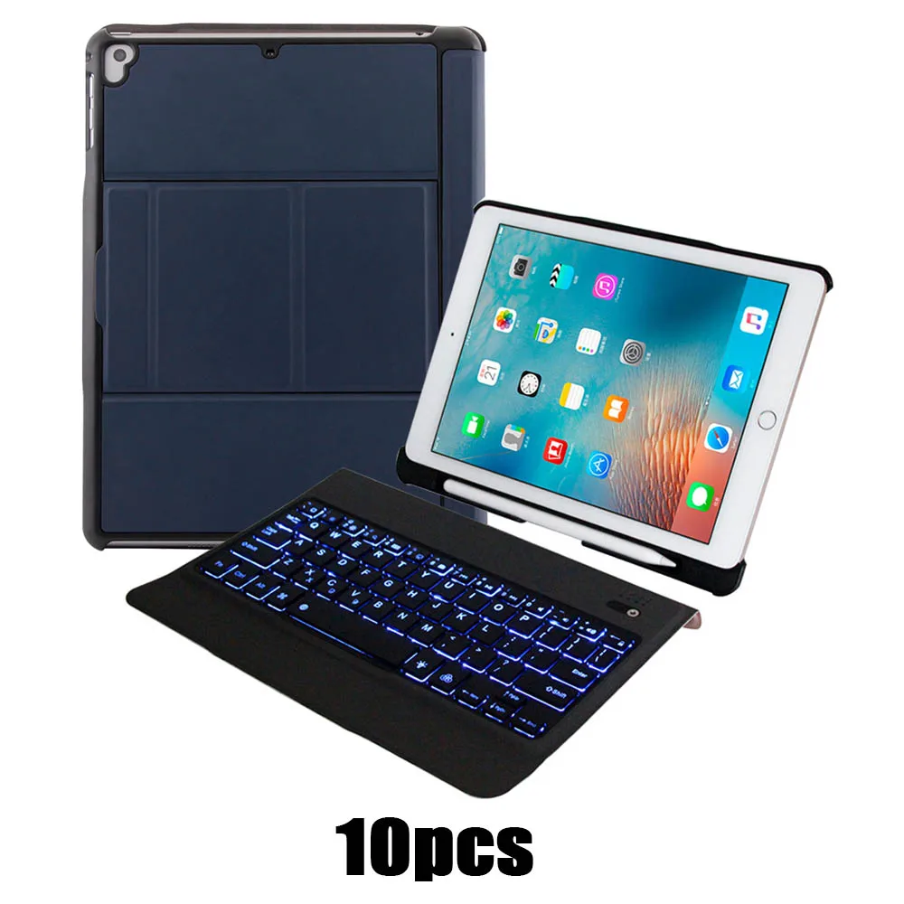 10pcs Blue 10 шт., 9,7 дюймов, планшет, Bluetooth, светодиодный, подсветка, испанская клавиатура со слотом для ручки, кожаный чехол, подставка для планшета, для iPad Air 1 2 Pro - Цвет: 10pcs Blue