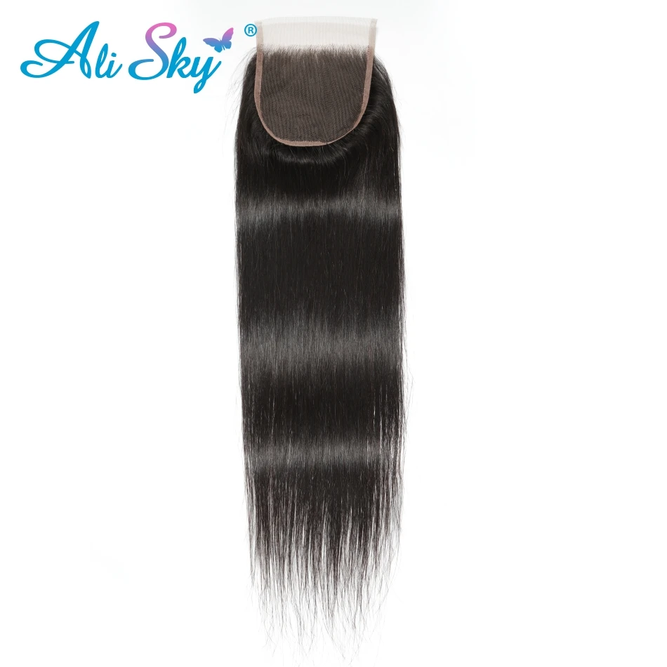 Али Небесно 5x5 прямые волосы Кружева Закрытие /средний/три части человеческих волос натуральный Цвет бразильский Волосы remy отбеленные закрытием