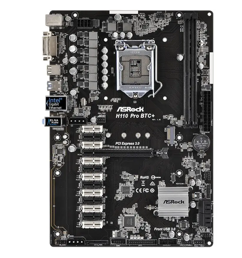 Материнская плата ASRock H110 PRO BTC+ 1151 2400MHZ 4 SATA3, 1 M.2(SATA3) DVI видеовыход поддерживает 13 видеокарт
