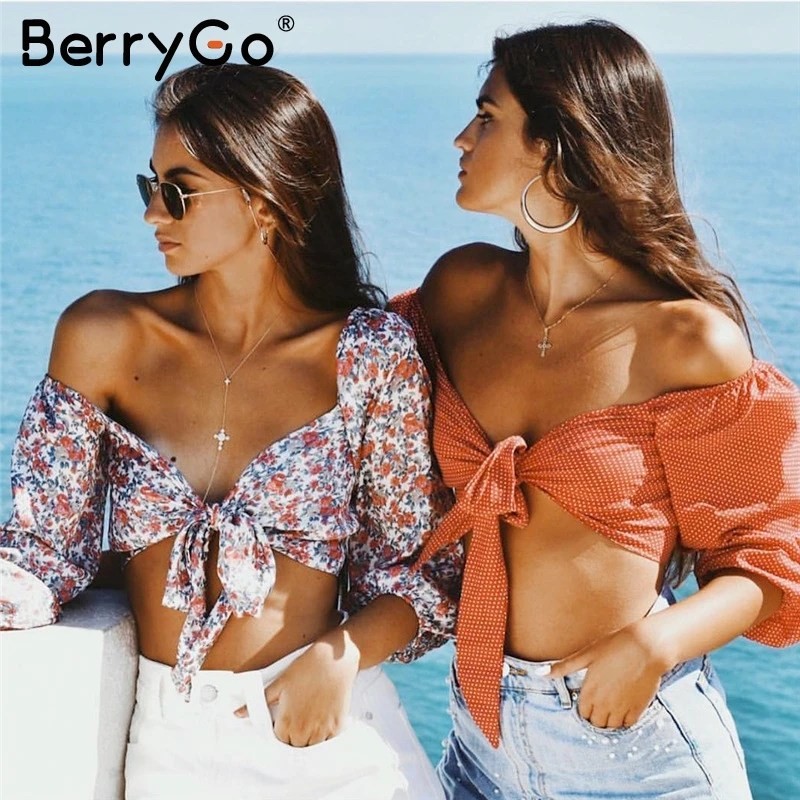 BerryGo с открытыми плечами узел сексуальный топ на бретелях уличная точка Печатный