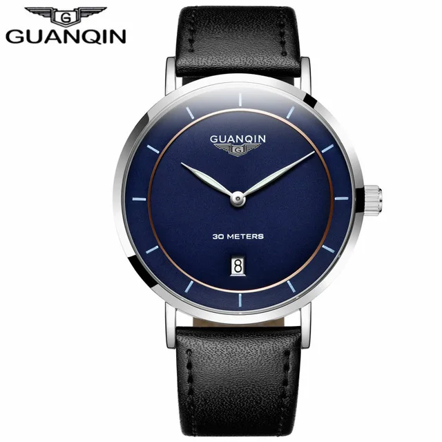 black silver blue B Мужские s часы лучший бренд класса люкс GUANQIN простой дизайн Ультра тонкие кварцевые часы мужские повседневные кожаные мужские часы relogio masculino - Цвет: black silver blue B