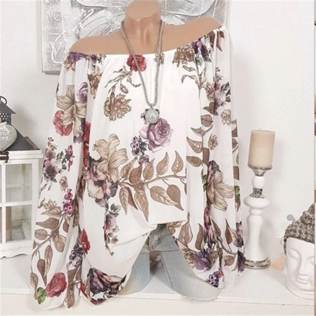 Women Slash Neck Blouse Shirts Sexy Off Shoulder Floral Print Loose Plus Size Summer Long Sleeve Tops Tunic Femme Blusa |