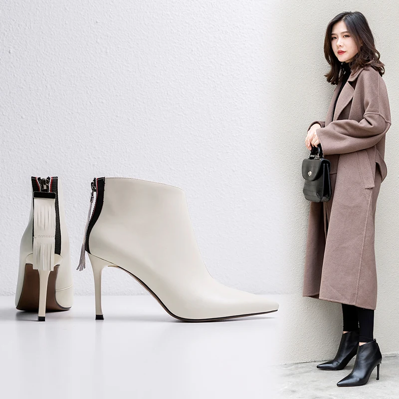 Women Genuine Leather Ankle Boots zipper fringe Sexy Pointed Toe Party Wedding Shoes Woman Ladies Basic Boots Pumps