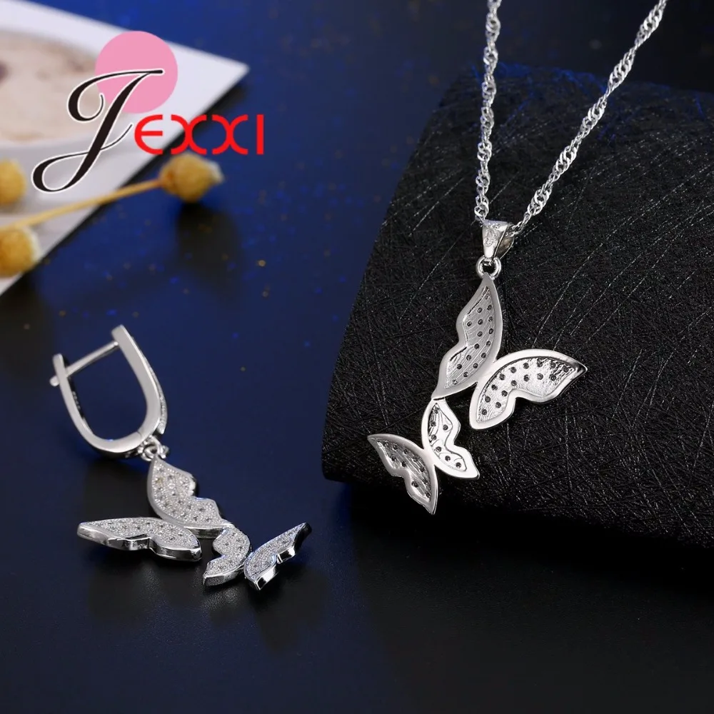 

High Quality 925 Sterling Silver Necklace Earrings Set Beautiful Butterfly Crystal Jewelry Set for Women Best Gift