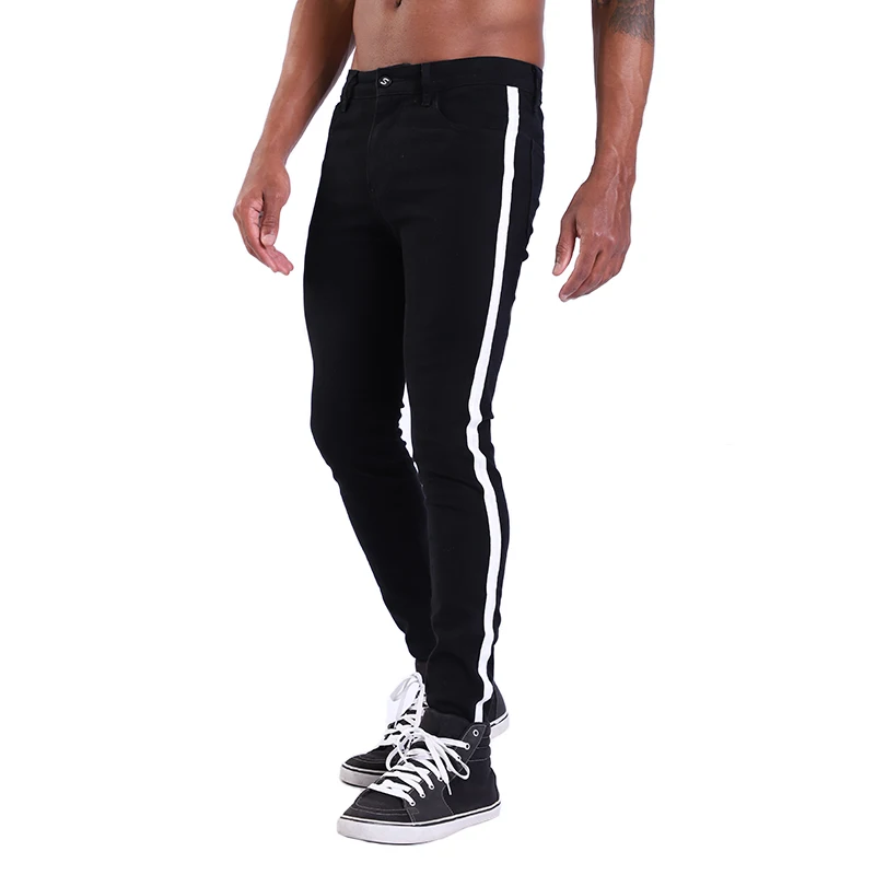 Black Skinny Jeans Одиночные дорожные супер обтягивающие джинсы для мужчин, новинка, байкерские синие Стрейчевые джинсовые штаны, мужские облегающие джинсы с боковыми полосками, Брендовые мужские - Цвет: Black Skinny Jeans
