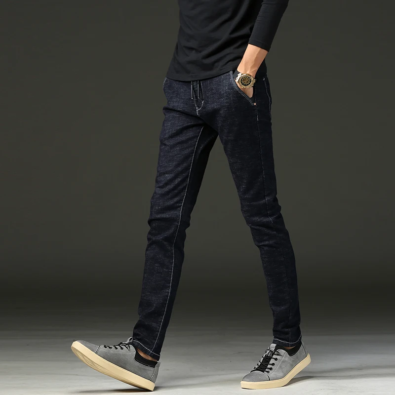 

Men Jeans dark blue Slim Skinny Man Jeans with Zippers Designer Stretch Fashion Casual Pants Pencils Trousers