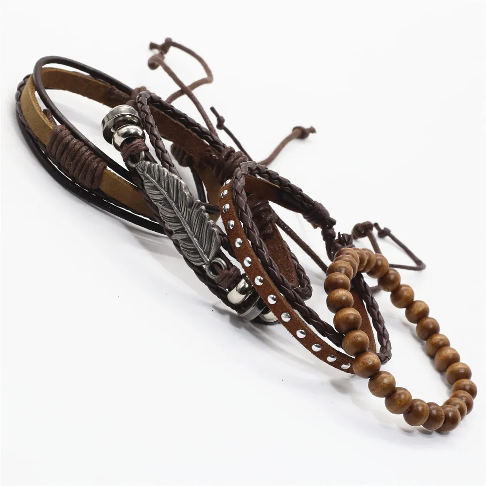 Модные Винтажные кожаные мужские и женские браслеты 4 шт./компл. с подвесками в