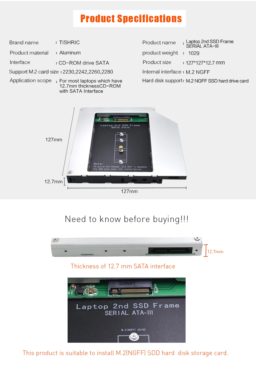 TISHRIC M.2 M2 NGFF 2nd Second ODD HDD SSD DVD Caddy жесткий диск SATA 12,7 мм Корпус для ноутбука ноутбук Optibay чехол