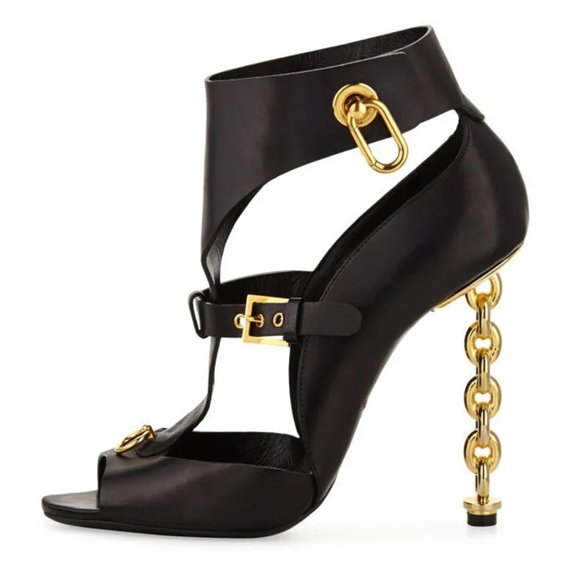 

EMMA KING Summer Open Toe Metasl Heels Sandals Lady Shoes Design High Heels Dress Shoes Women Cut-out Caged Gladiator Sandals