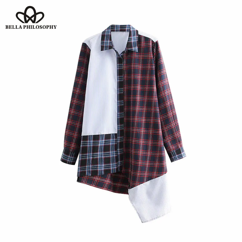Wonder 2018 new autumn Vintage Plaid Patchwork Asymmetric Loose Tops Blouses Lapel Collar Long Sleeve Shirts Casual Blusas Mujer | Женская