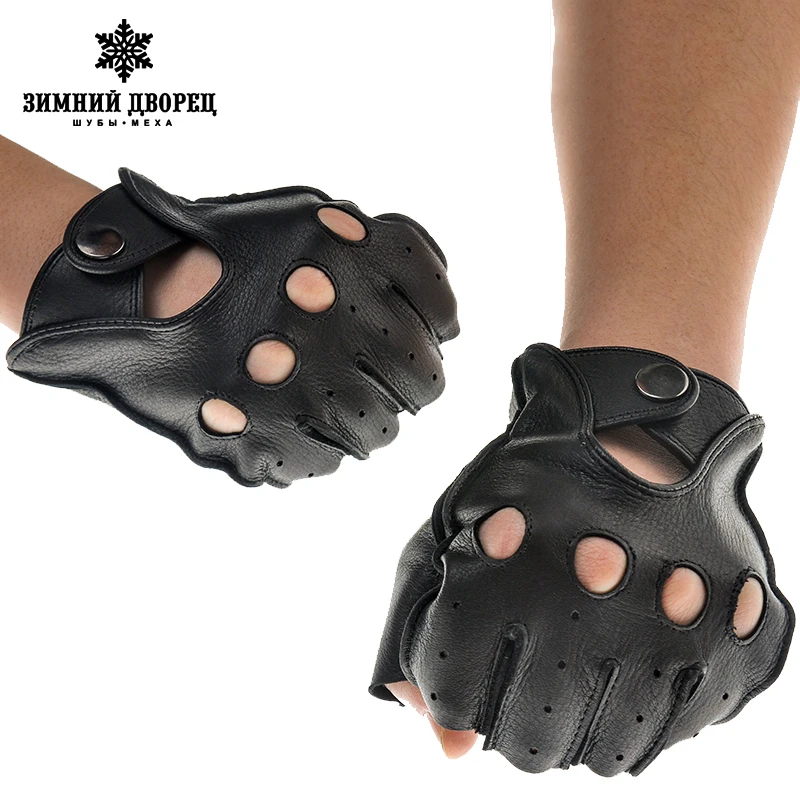 Мода кожаные перчатки мужчин без пальцев черный овчины мужские Панк стиль Полую