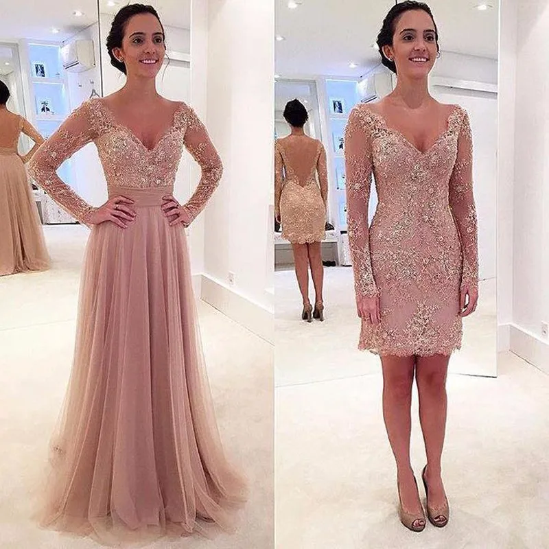 

Sexy V Neck Lace Beading Two Pieces Prom Dress Long Sleeve Arabic Woman Formal Gowns Detachable Skirt vestidos de festai