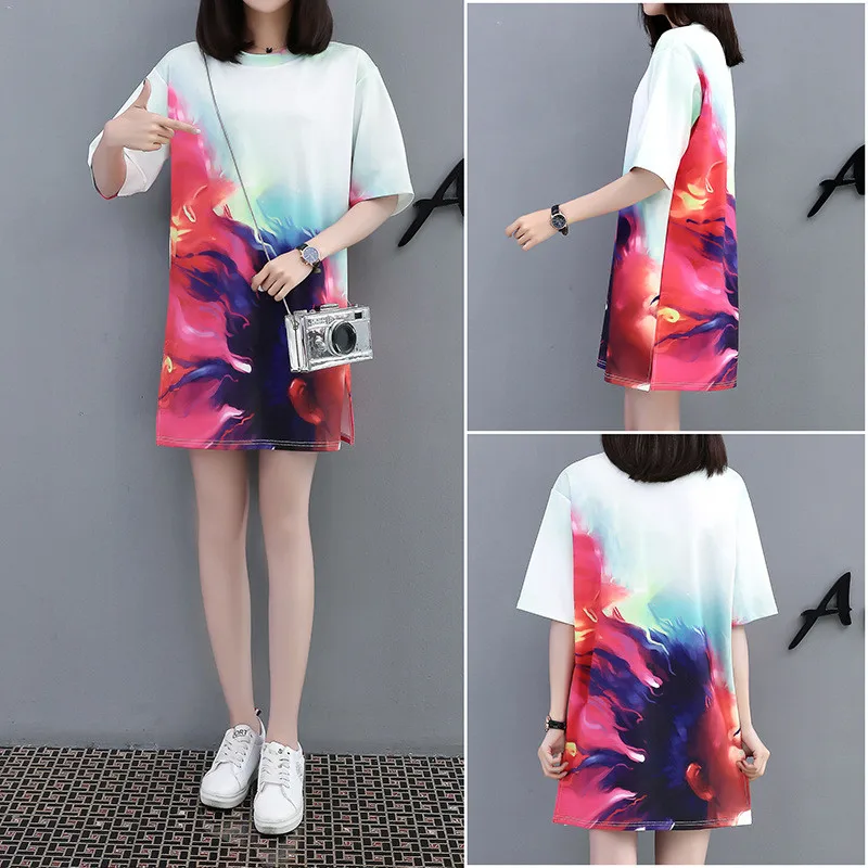 Женское свободное платье футболка с круглым вырезом коротким рукавом и