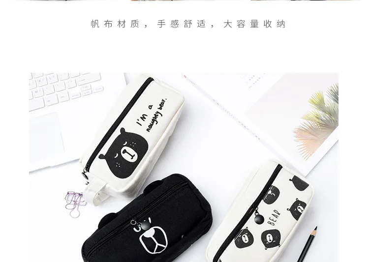 Милый чехол для карандашей с рисунком медведя из мультфильма Kawai, большие черные холщовые школьные сумки, пенал для девочек и мальчиков, Bts, корейские канцелярские принадлежности