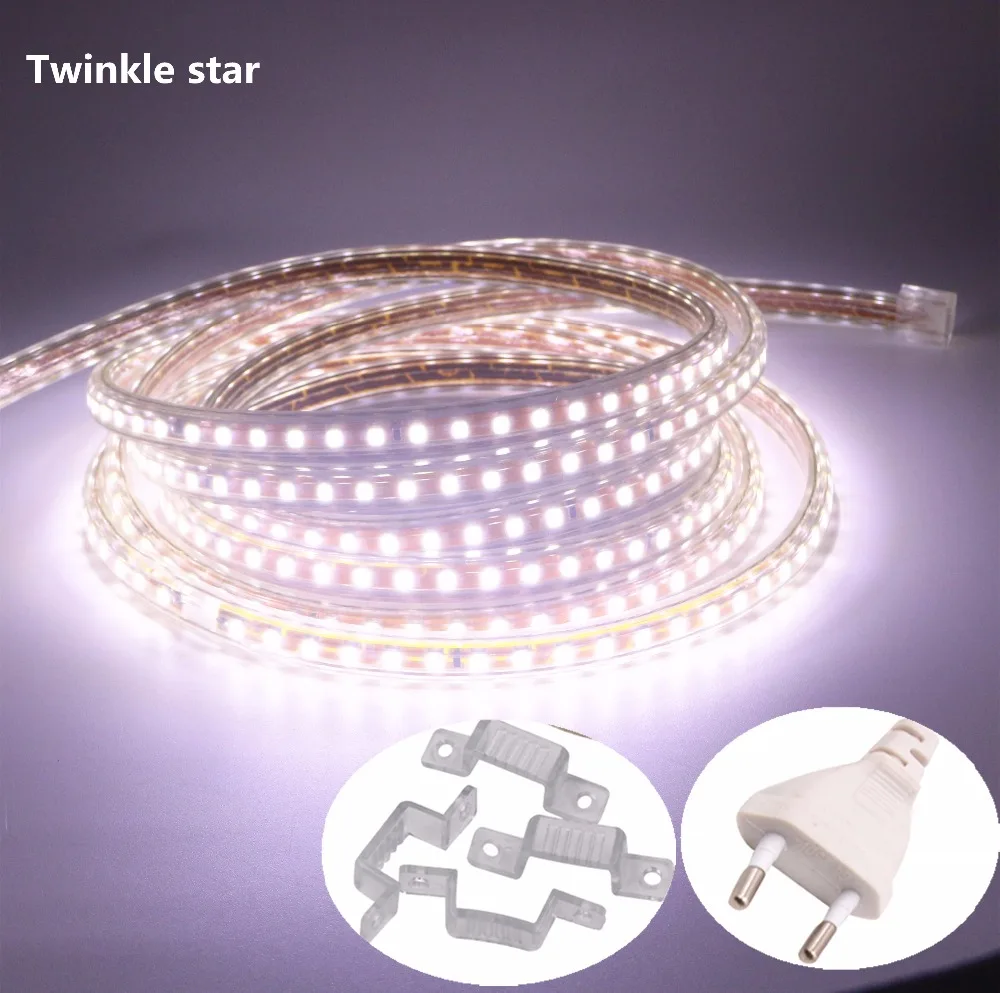 

220v 230v 240v led strip light smd 2835 waterproof IP67 IP68 warm white red blue green yellow outdoor tape rope with power plug