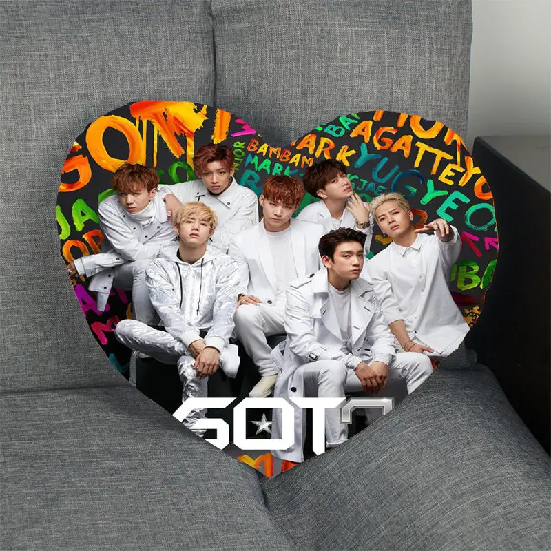 

New Kpop Pillow Case GOT7 Boy Band Heart Shape Satin Fabric Pillow Cover For Home Bedroom Wedding decorate Pillow Cases
