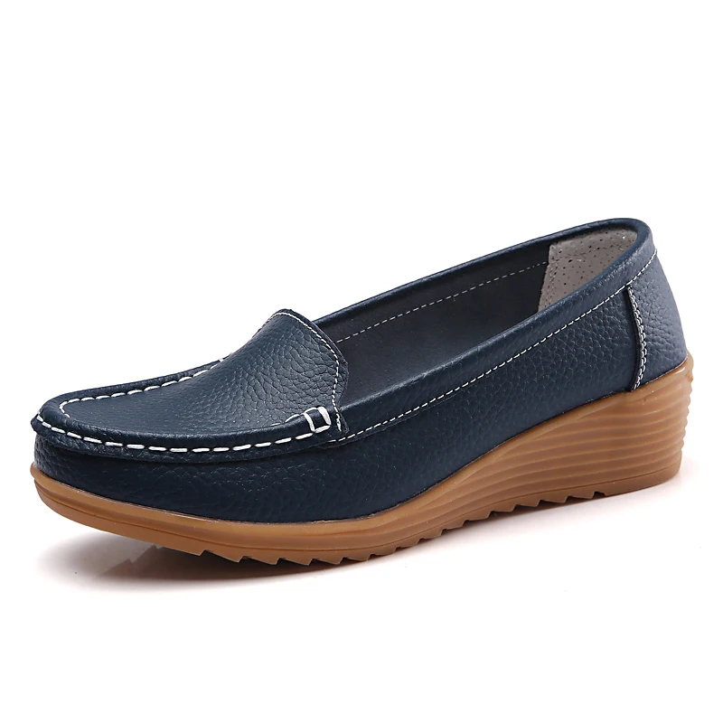 deep blue Осенняя женская обувь из натуральной кожи; женские лоферы без застежки; обувь на плоской подошве; женские балетки на плоской подошве; повседневная обувь на плоской подошве; женские мокасины - Цвет: deep blue