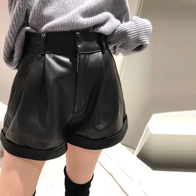 MESHARE Genuine Sheep Leather Shorts Women High-Waist All-Match Wide-Leg Real Leather Shorts G11