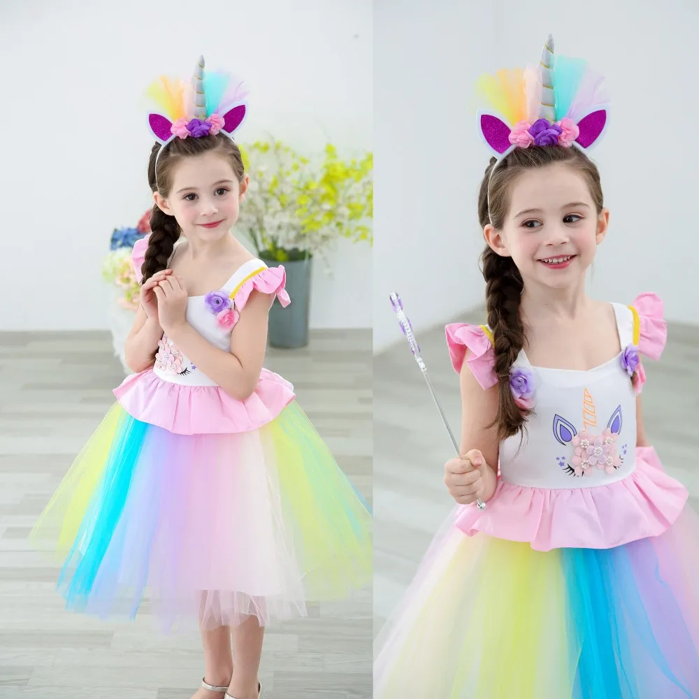 

Girl Unicorn Fancy Dress Rainbow Sequined Tutu Wedding Party Dress With Princess Hair Accessory For Cosplay Costumes