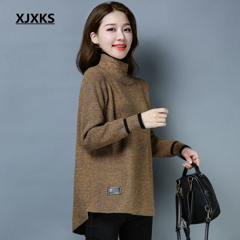 XJXKS irregular hem comfortable zipper women turtleneck sweater high elasticity 2019 new fashion pullover | Женская одежда