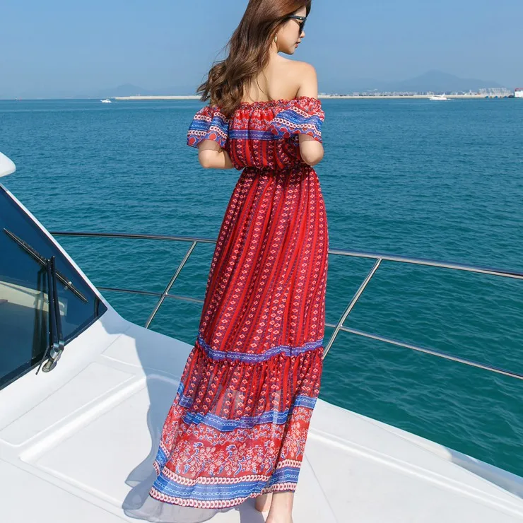 Stinlicher Boho Style Long Dress Women Off Shoulder Beach Summer Dresses Vintage Print Chiffon Elastic Waist Maxi Vestidos | Женская