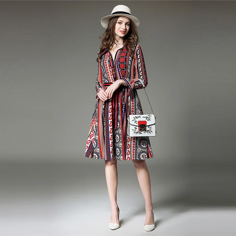 Весна 2017 г. женская новая народном стиле печати лента в полоску с лацканами