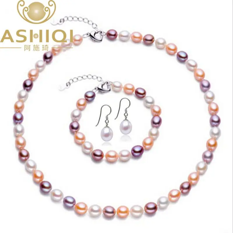 ASHIQI набор ювелирных изделий из жемчуга 7 8 мм Ожерелье Из Натурального Риса с