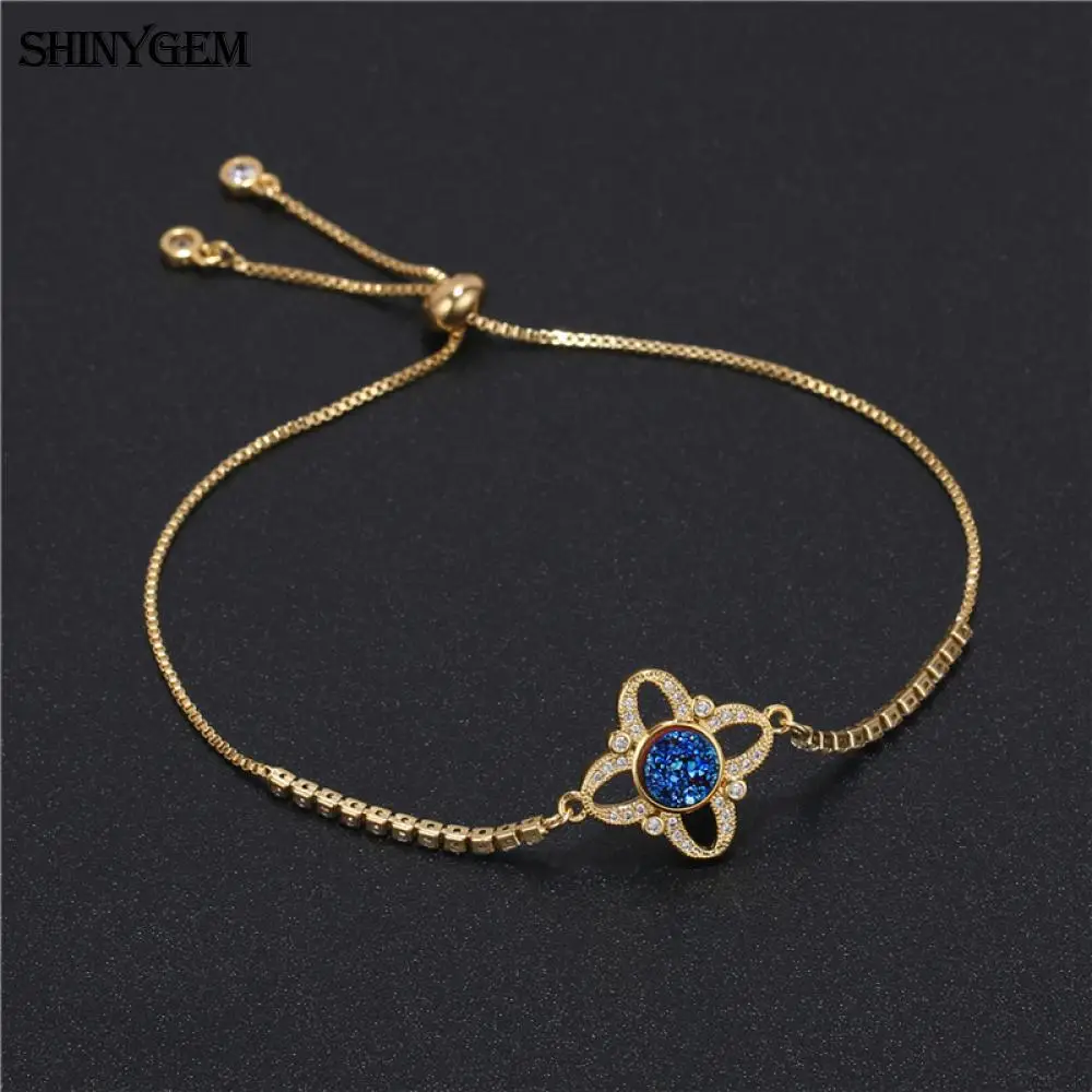 ShinyGem кристалл клевер браслет натуральный круглый Друза камень Регулируемая