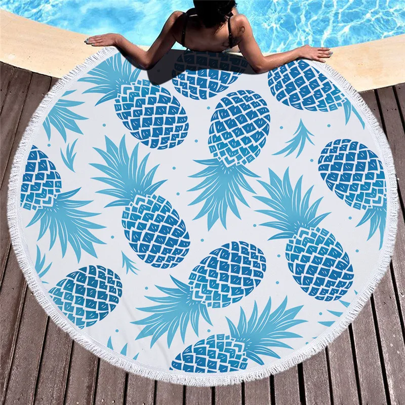 

POBING Pineapple Floral Round Beach Towel With Tassels Microfiber 150cm Picnic Blanket Mat Tapestry Blanket Serviette De Plage