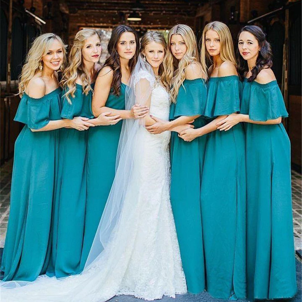 

Hot Selling Long Bridesmaid Dresses Boat Neck Off The Shoulder A Line Elegant Wedding Party Dress 2019 High Quality Women Gowns