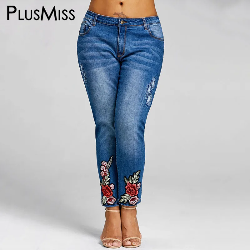 PlusMiss плюс размеры 5XL Цветочный Вышивка джинсы для женщин Femme женская одежда