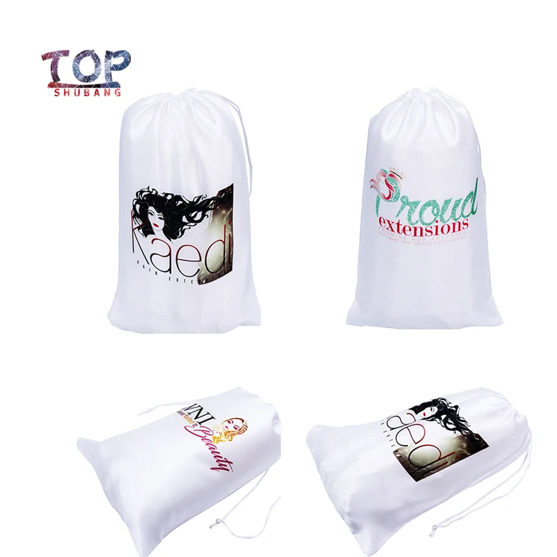 Подгонянные мешки парика логотипа атласные шелковые белые сумки шнурки для