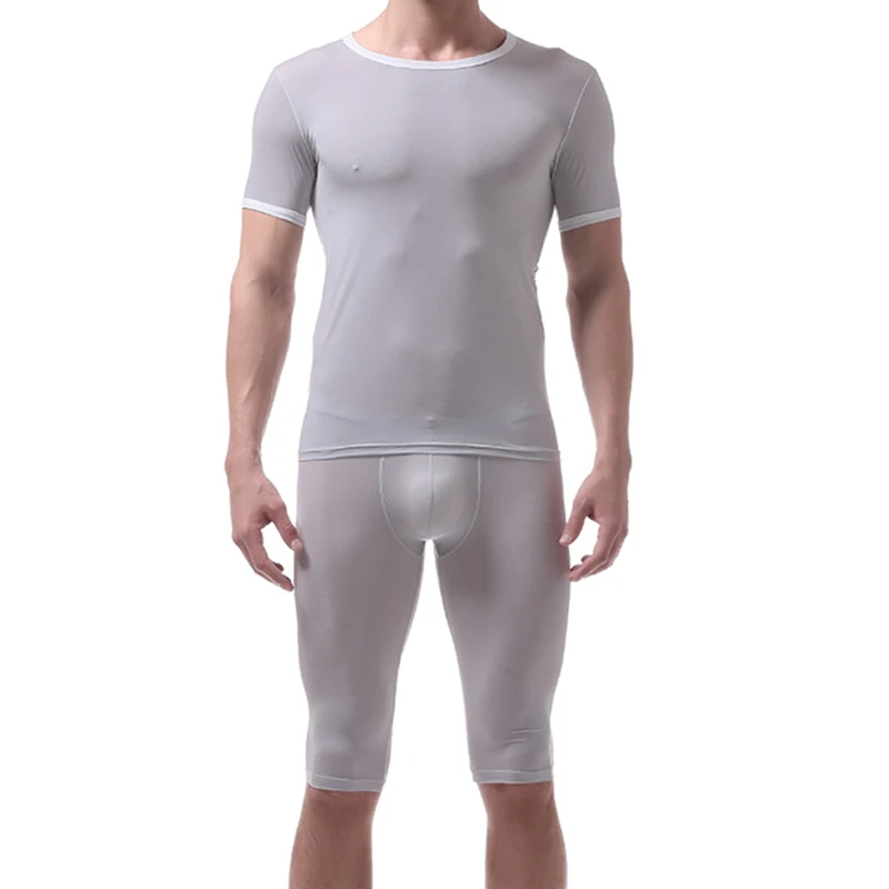 gray tops and pants Лед Шелковая пижама наборы сексуальные мужские с коротким рукавом футболки прозрачные майки для сна Шорты Топы ночное белье короткие штаны - Цвет: gray tops and pants