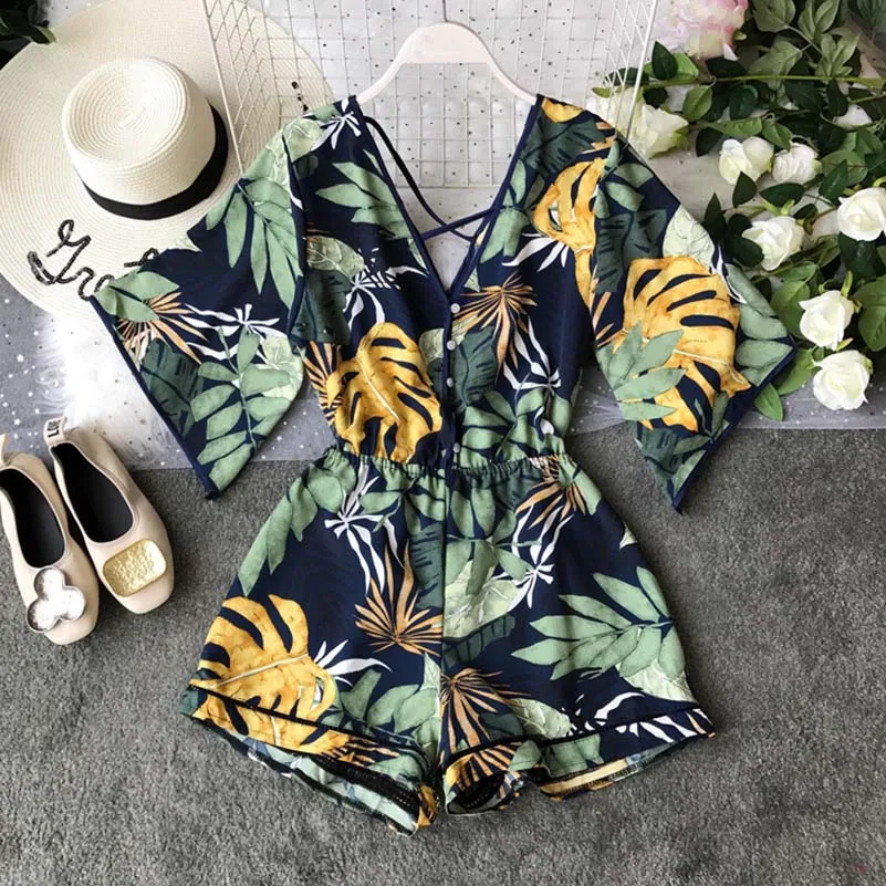 Boho короткий женский комбинезон, пляжный, v-образный вырез, открытая спина, Корейская Сексуальная Шифоновая туника с цветочным принтом размера плюс, летние женские комбинезоны, комбинезоны - Цвет: Синий
