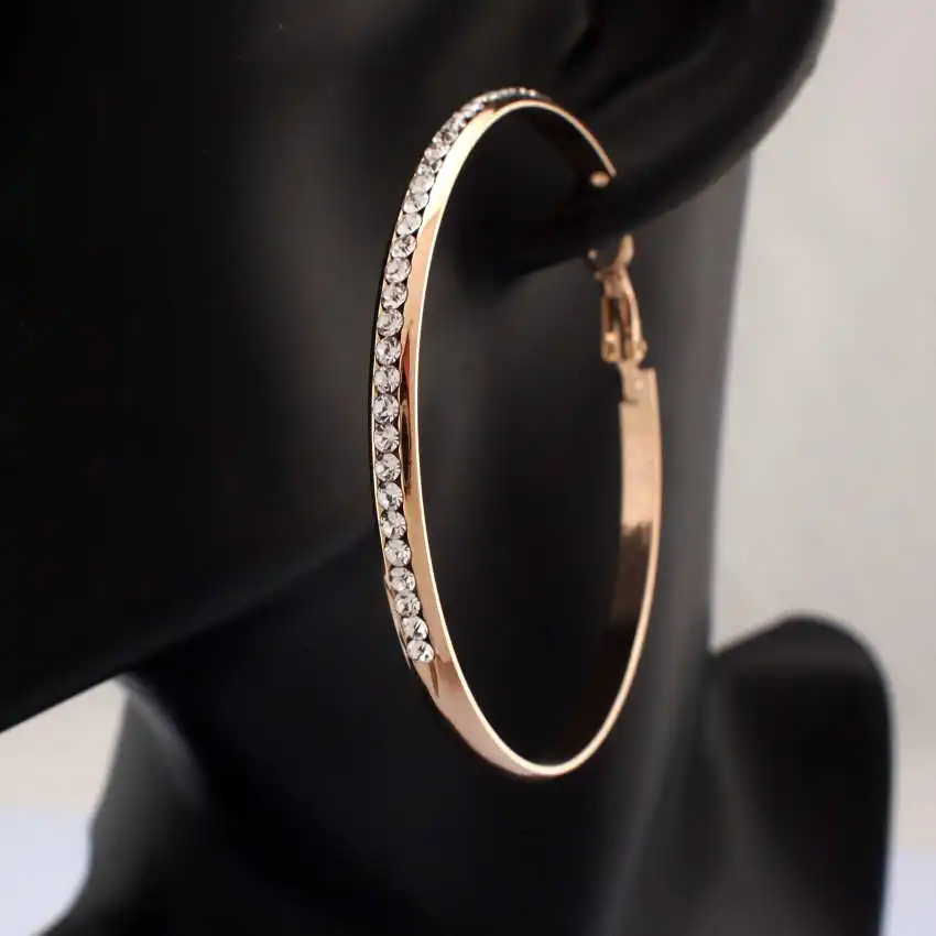 MANILAI Fashion Women's Jewelry 60mm Diameter Faceted Alloy Rhinestones Hoop Earrings Costume Jewellery FE045 - Окраска металла: Gold
