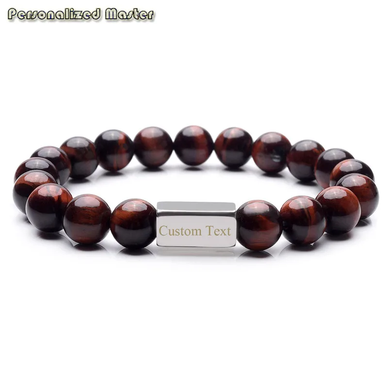 Red Tiger eye silver Персональный мастер текст Выгравированный Натуральный Камень Стрейч мужской браслет эластичный браслет подарок DIY для бойфренда отца - Окраска металла: Red Tiger eye silver