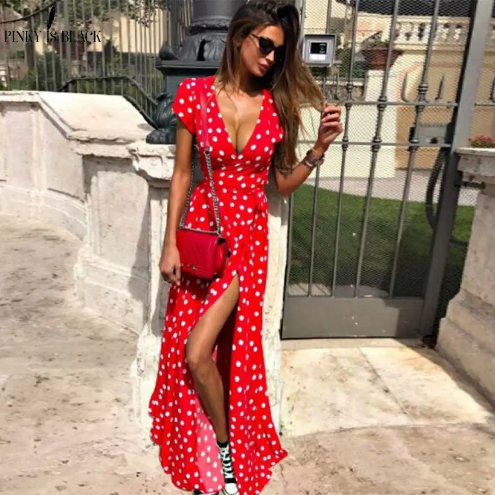 Красный Светолечение. Boho горошек длинные платья Для женщин Разделение короткий рукав Летнее Повседневное платье уличная Черный Макси платье Vestidos - Цвет: Красный