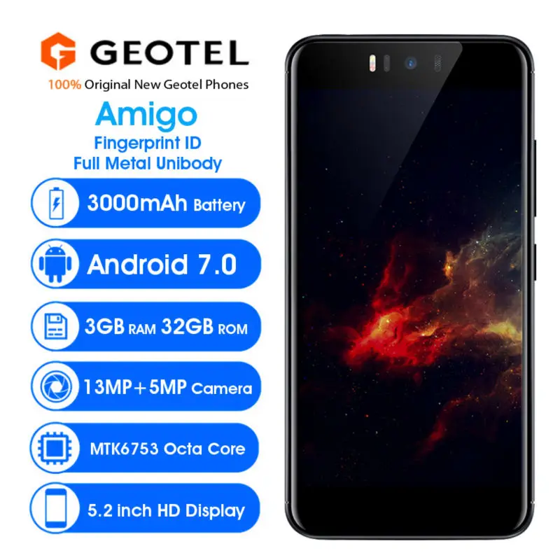 Geotel Amigo отпечатков пальцев Смартфон 5 2 дюймов HD MTK6753 Octa Core Android 7 0 3 ГБ оперативная