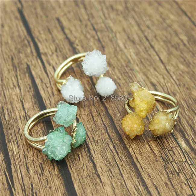 

R15052101 G reen White Yellow Triple Druzy Cluster Ring Raw Druzy Cluster Ring Gold Adjustable RING