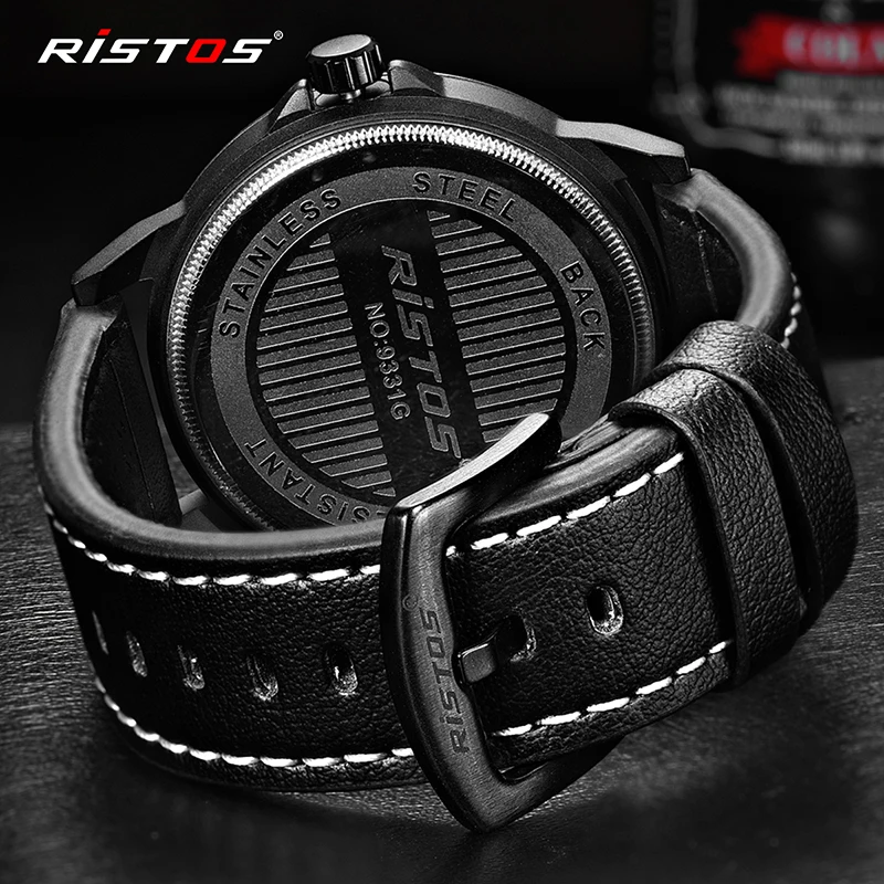 RISTOS Masculino хронограф световой Мужские часы кожа Элитный бренд военные Наручные