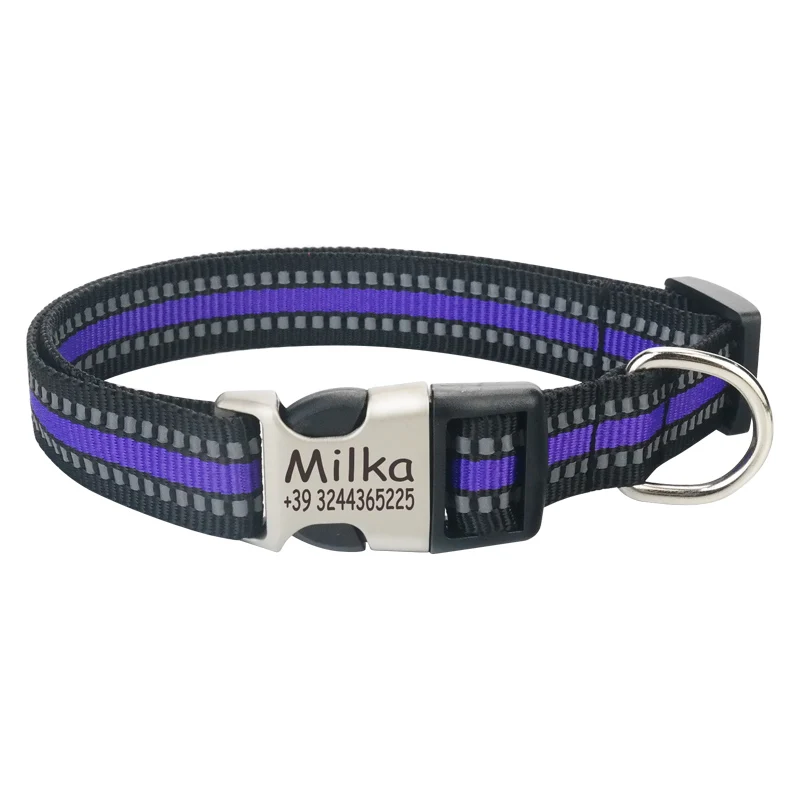 Purple FLOWGOGO светоотражающий персонализированный Выгравированный ошейник для собак, кошек, нейлоновый ошейник для щенков, кошек, домашних животных, идентификационная бирка для маленьких собак - Цвет: Purple
