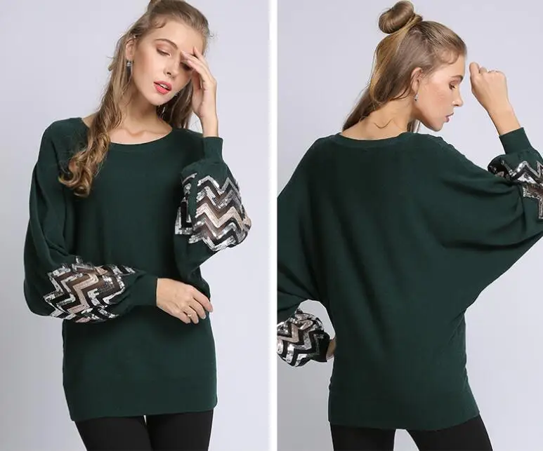 

New Knitted Elegant Women Knitwear Autumn Sequin Hollow Patchwork Lace Pullover Tops Europe Lantern sleeve Fashion Loose Sweater