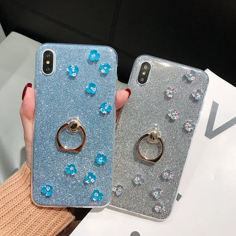 Luxury DIY Handmade Flower Cover for Huawei P8 P9 P10 Lite P20 P30 Pro Bling Glitter Finger Ring Flash powder Case |