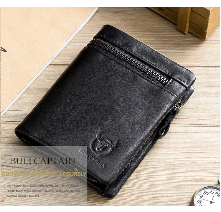 BULLCAPTAIN короткие тройного сгиба с застежкой-молнией кошелек Для мужчин из коровьей кожи, кошелек, сумочка с отделением для монет, сумочка для денег Бизнес держатель для Карт RFID держатель