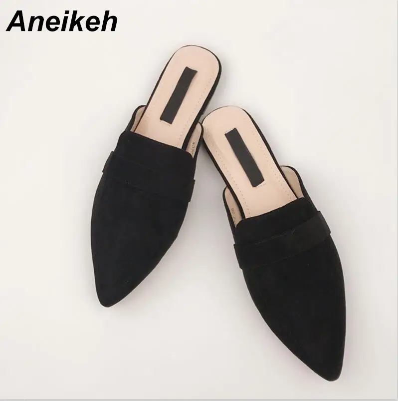 Black Aneikeh/летние туфли без задника на плоской подошве; женские сандалии; шлепанцы; женские туфли без застежки с острым носком; уличные тапочки; женские шлепанцы без задника - Цвет: Black
