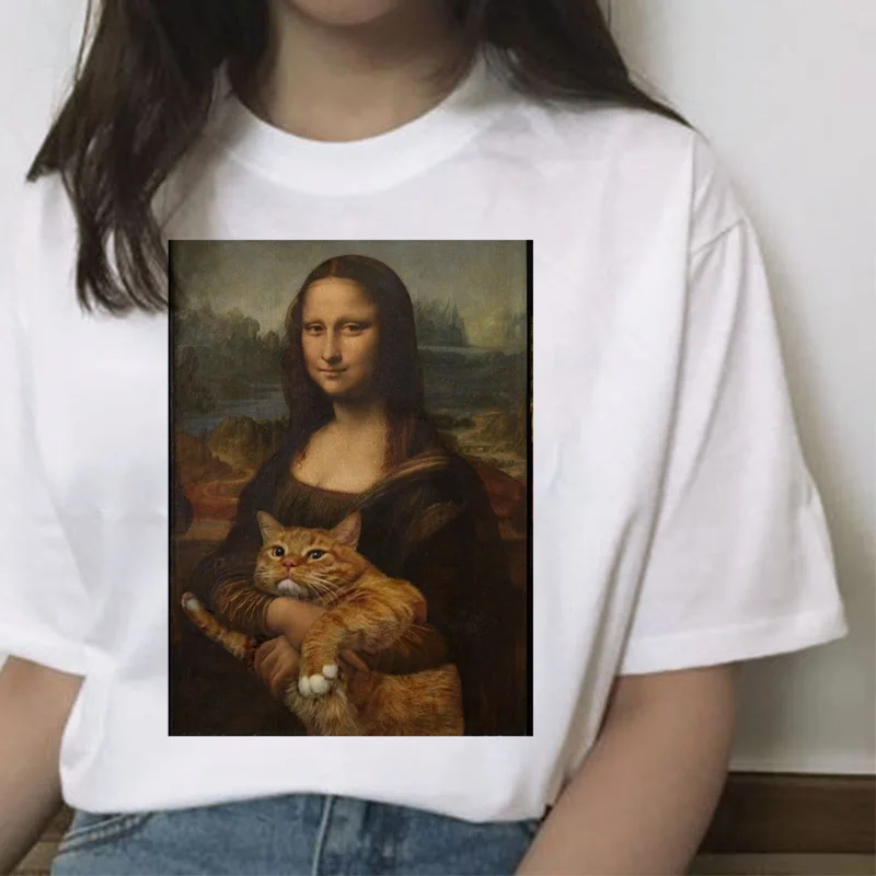 Mona lisa cat футболка Женская Новая мода Топ летняя футболка эстетический Забавный гранж каваи femme короткая футболка хип-хоп